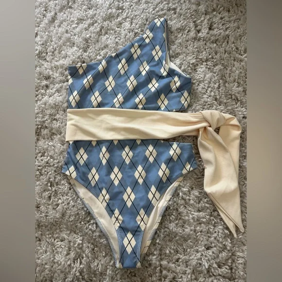 Beach Riot Blue and White Carlie One Piece Swimsuit Cut-Out Design & Belt large - Picture 3 of 13